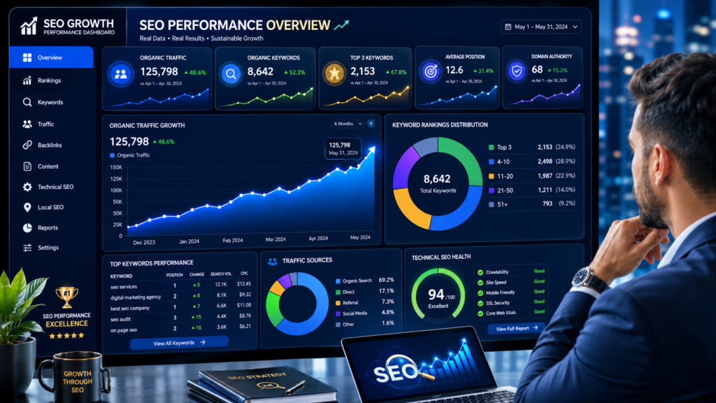 Best Digital Marketing Strategies for Startups seo growth chart with increasing website traffic.