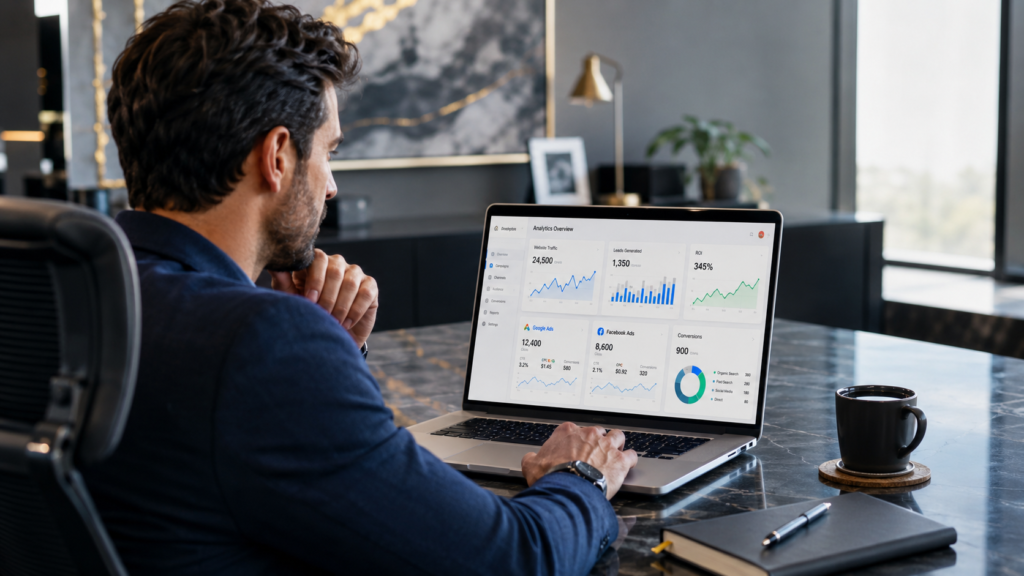 small business owner analyzing online advertising results