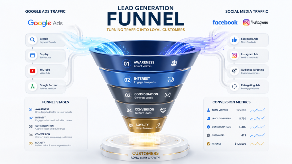 lead generation funnel showing google ads and facebook ads