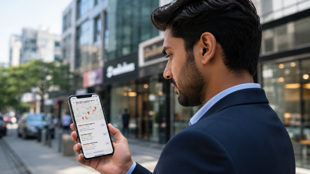 10 Benefits of SEO for Local Businesses customer searching for services on mobile phone.