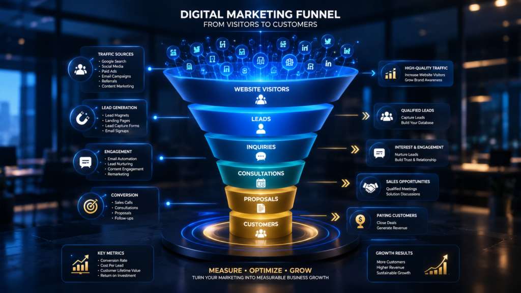 How a Professional Website Increases Sales digital marketing funnel connecting website visitors to sales