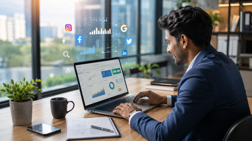 Why Small Businesses Need Digital Marketing in 2026 image 1 small business owner using a laptop for online marketing