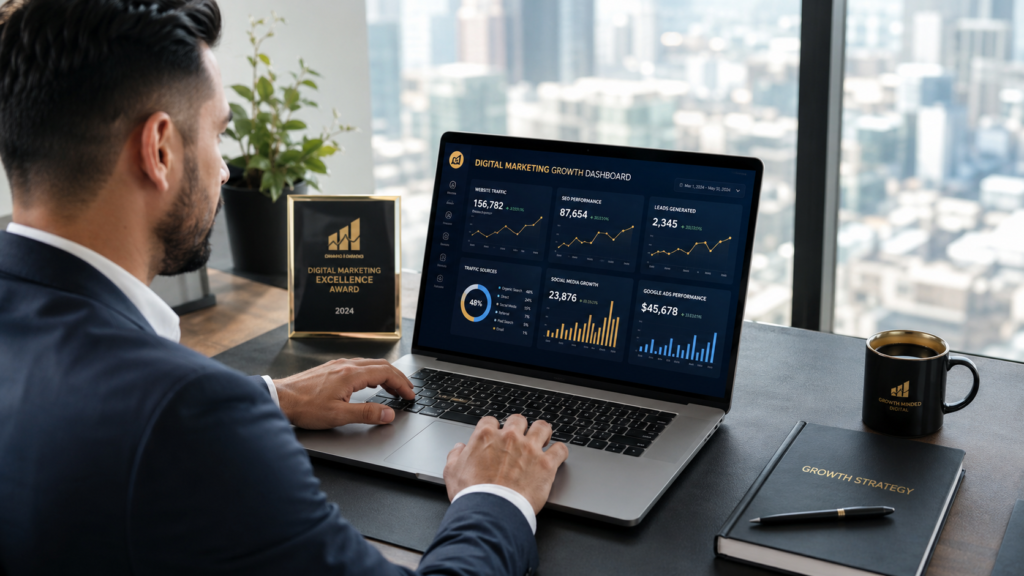 Best Digital Marketing Strategies for Startups startup founder analyzing digital marketing growth dashboard on a laptop.